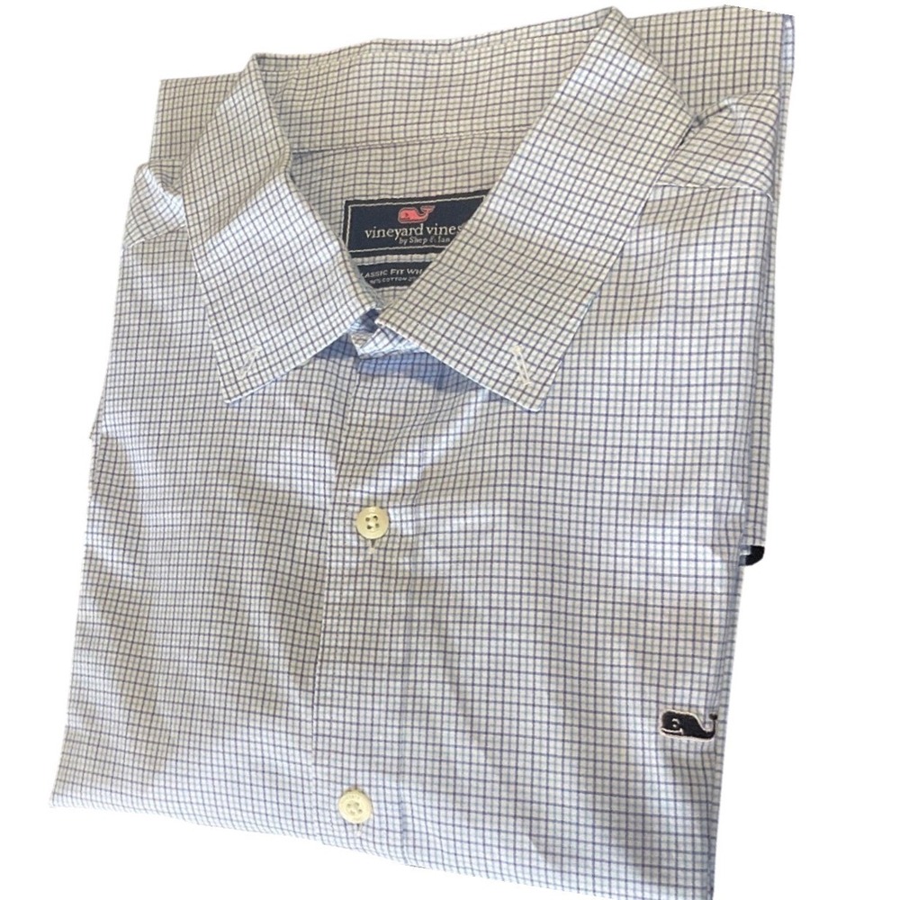 Vineyard Vines Button Down Shirt Mens L Blue White Check Whale Classic 1W3738